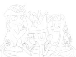 Size: 1600x1200 | Tagged: safe, artist:unsavorydom, imported from derpibooru, shining armor, spike, twilight sparkle, alicorn, bird, chicken, dragon, pony, sparkle's seven, crown, d20, drumstick, food, hard-won helm of the sibling supreme, jewelry, meat, monochrome, paper crown, regalia, scrunchy face, sitting, there was an attempt, twilight sparkle (alicorn), winged spike, wings, you tried