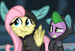 Size: 1476x1011 | Tagged: safe, artist:rainbow eevee, imported from derpibooru, fluttershy, spike, dragon, pegasus, pony, sparkle's seven, bunny ears, clothes, costume, dangerous mission outfit, female, goggles, hoodie, male, smiling, winged spike, wings