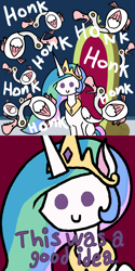 Size: 1500x3000 | Tagged: safe, artist:oneovertwo, imported from derpibooru, princess celestia, alicorn, goose, pony, sparkle's seven, animal, comic, sitting, this is fine, throne