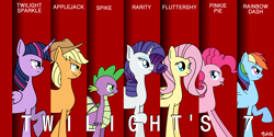 Size: 4000x2000 | Tagged: safe, artist:banquo0, imported from derpibooru, applejack, fluttershy, pinkie pie, rainbow dash, rarity, spike, twilight sparkle, alicorn, dragon, pony, sparkle's seven, group, mane seven, mane six, movie poster, ocean's eleven, parody, tongue out, twilight sparkle (alicorn), winged spike, wings