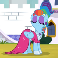 Size: 700x700 | Tagged: safe, imported from derpibooru, screencap, rainbow dash, pegasus, pony, sparkle's seven, clothes, dress, ear piercing, earring, eyes closed, female, jewelry, mare, megaradash, piercing, pouting, rainbow dash always dresses in style, solo, updo