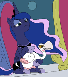 Size: 500x564 | Tagged: safe, artist:mojo1985, imported from derpibooru, princess luna, alicorn, bird, goose, pony, sparkle's seven, animal, duo, ethereal mane, female, lidded eyes, luna petting goose, mare, petting, scene interpretation, throne