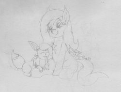 Size: 3014x2291 | Tagged: safe, artist:wapamario63, imported from derpibooru, fluttershy, eevee, pegasus, pony, cute, petting, pokémon, sitting, sketch, traditional art