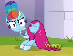 Size: 846x659 | Tagged: safe, imported from derpibooru, screencap, rainbow dash, pegasus, pony, sparkle's seven, alternate hairstyle, clothes, cropped, discovery family logo, dress, female, mare, megaradash, rainbow dash always dresses in style, rainbow dash is not amused, solo, this will end in pain, unamused, updo