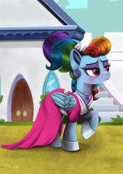 Size: 4250x6000 | Tagged: safe, artist:darksly, imported from derpibooru, rainbow dash, pegasus, pony, sparkle's seven, absurd resolution, alternate hairstyle, blushing, clothes, dress, ear piercing, earring, eyeshadow, female, jewelry, makeup, megaradash, necklace, outdoors, piercing, rainbow dash always dresses in style, raised hoof, shoes, solo