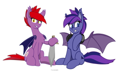 Size: 1024x576 | Tagged: safe, artist:flylash1, artist:flylash6009, imported from derpibooru, oc, oc:low pitch, oc:nightflower, bat pony, pony, bat pony oc, duo, duo female, female, headphones, smiling, spread wings, sword, weapon