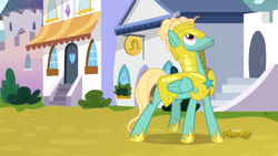 Size: 1850x1041 | Tagged: safe, imported from derpibooru, screencap, zephyr breeze, pegasus, pony, sparkle's seven, alone, discovery family logo, folded wings, looking up, male, man bun, royal guard, royal guard armor, royal guard zephyr breeze, solo, stallion, updo