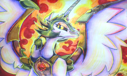 Size: 1000x600 | Tagged: safe, artist:halcon24, imported from derpibooru, daybreaker, pony, female, signature, solo, spread wings, traditional art, wings