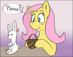 Size: 786x620 | Tagged: safe, artist:fuzzypones, imported from derpibooru, angel bunny, fluttershy, pony, rabbit, basket, blushing, cross-popping veins, cute, dialogue, duo, easter, gradient background, holiday, one word, please, shyabetes, speech bubble