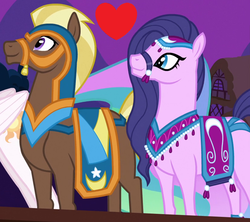 Size: 828x734 | Tagged: safe, edit, imported from derpibooru, screencap, amira, haakim, princess celestia, alicorn, pony, saddle arabian, magic duel, blank flank, bridle, crack shipping, cropped, duo, female, haakimira, heart, male, mare, offscreen character, shipping, stallion, straight, tack