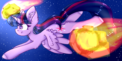 Size: 1000x500 | Tagged: safe, artist:speedyblossom2005, imported from derpibooru, twilight sparkle, alicorn, pony, asteroid, cheek fluff, ear fluff, female, flying, leg fluff, mare, meteor, profile, solo, space, stars, twilight sparkle (alicorn)