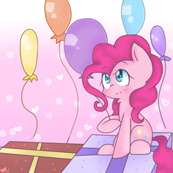 Size: 1000x1000 | Tagged: safe, artist:windymils, imported from derpibooru, pinkie pie, earth pony, pony, balloon, blushing, cute, diapinkes, female, gradient background, heart, mare, neck fluff, present, sitting, solo