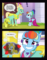 Size: 1269x1646 | Tagged: safe, artist:toonbat, edit, edited screencap, imported from derpibooru, screencap, rainbow dash, rarity, zephyr breeze, pegasus, pony, unicorn, sparkle's seven, blatant lies, comic, female, heart, hoof shoes, lesbian, lying, male, megaradash, rainbow dash always dresses in style, raridash, royal guard, royal guard rarity, royal guard zephyr breeze, scene interpretation, screencap comic, shipping, stallion