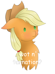 Size: 1017x1365 | Tagged: safe, artist:sugarsprink, imported from derpibooru, applejack, pony, beady eyes, bust, cheek fluff, chest fluff, cute, female, floppy ears, jackabetes, portrait, simple background, solo, transparent background, what in tarnation