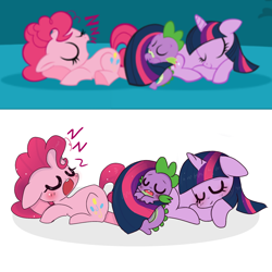 Size: 1804x1804 | Tagged: safe, artist:windymils, imported from derpibooru, pinkie pie, spike, twilight sparkle, dragon, earth pony, pony, unicorn, blushing, cute, diapinkes, eyes closed, female, floppy ears, male, mare, my little pony puzzle party, onomatopoeia, prone, puzzle party, sleeping, sound effects, spikabetes, trio, twiabetes, unicorn twilight, zzz