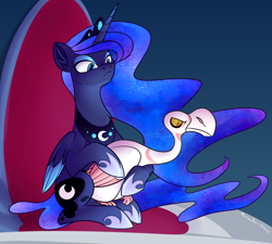 Size: 2000x1800 | Tagged: safe, artist:puddingskinmcgee, imported from derpibooru, princess luna, alicorn, bird, goose, pony, sparkle's seven, animal, duo, ethereal mane, female, lidded eyes, luna petting goose, mare, scene interpretation, solo, starry mane, throne