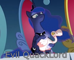 Size: 1336x1080 | Tagged: safe, artist:ponylover88, edit, edited screencap, imported from derpibooru, screencap, princess luna, alicorn, bird, goose, pony, sparkle's seven, animal, cropped, duo, ethereal mane, evil quacklord, female, lidded eyes, luna petting goose, mare, petting, quack, solo, starry mane, throne