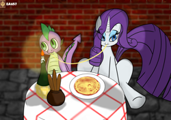 Size: 2150x1512 | Tagged: artist needed, safe, imported from derpibooru, rarity, spike, dragon, pony, unicorn, blue eyes, candle, disney, duo, eating, fanart, female, food, green eyes, horn, imminent kissing, lady and the tramp, male, mare, pasta, shipping, spaghetti, spaghetti scene, sparity, straight