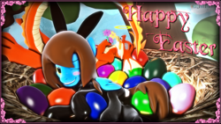 Size: 1920x1080 | Tagged: safe, artist:dragon-v0942, imported from derpibooru, oc, oc only, oc:dia heart, oc:magmace (micset), oc:micset, dragon, pegasus, pony, 3d, bunny suit, clothes, easter, easter egg, flower, halo, holiday, latex, latex suit, nest, passed out, sky, source filmmaker, tree, unconscious