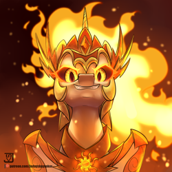 Size: 2000x2000 | Tagged: safe, artist:jedayskayvoker, imported from derpibooru, daybreaker, alicorn, pony, female, grin, helmet, looking at you, patreon, patreon reward, peytral, smiling, solo