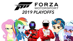 Size: 750x422 | Tagged: safe, imported from derpibooru, fluttershy, indigo zap, rainbow dash, sugarcoat, fanfic:equestria motorsports, fanfic:shadowbolts racing, equestria girls, clothes, driver, eqg promo pose set, forza motorsport, helmet, motorsport, racing driver, racing suit, simple background, tanktop, white background, youtube link in the description, youtube thumbnail