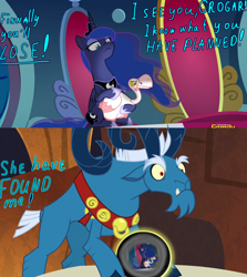 Size: 2500x2800 | Tagged: safe, edit, edited screencap, imported from derpibooru, screencap, grogar, princess luna, alicorn, bird, goose, pony, sparkle's seven, the beginning of the end, animal, collar, comic, crystal ball, ethereal mane, female, grammar error, grogar's orb, lidded eyes, luna petting goose, male, mare, petting, screencap comic, starry mane, throne