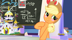 Size: 1920x1080 | Tagged: safe, imported from derpibooru, screencap, applejack, earth pony, pony, sparkle's seven, blushing, chalkboard, cute, friendship throne, jackabetes, throne room