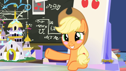 Size: 1920x1080 | Tagged: safe, imported from derpibooru, screencap, applejack, earth pony, pony, sparkle's seven, blushing, chalkboard, cute, friendship throne, jackabetes, throne room