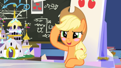 Size: 1920x1080 | Tagged: safe, imported from derpibooru, screencap, applejack, earth pony, pony, sparkle's seven, appleblush, applejack's hat, blushing, chalkboard, cowboy hat, female, friendship throne, hat, mare, open mouth, raised hoof, solo, stetson, twilight's castle