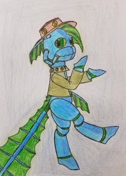 Size: 1464x2042 | Tagged: safe, artist:dice-warwick, imported from derpibooru, oc, oc only, oc:azure dice, mirelurk, original species, fallout equestria, fallout equestria: desperados, fins, glow, glowing, glowing eyes, green jacket, hat, lurker, solo, sparkle-lurker
