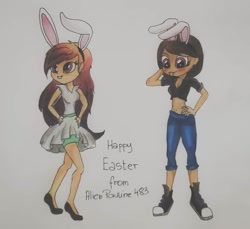 Size: 1221x1120 | Tagged: safe, artist:alienpauline483, imported from derpibooru, oc, oc only, oc:black dawn, oc:midnight cakepowder, equestria girls, belly button, blushing, bunny ears, easter, female, holiday, lesbian, midnightdawn, midriff, oc x oc, shipping, traditional art