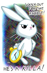 Size: 720x1113 | Tagged: safe, artist:texasuberalles, imported from derpibooru, angel bunny, rabbit, abstract background, angry, clock, killer rabbit, male, monty python, monty python and the holy grail, rabbit of caerbannog, solo