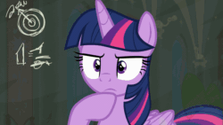 Size: 845x475 | Tagged: safe, imported from derpibooru, screencap, twilight sparkle, alicorn, pony, season 9, sparkle's seven, spoiler:s09, animated, calculating, calculus, chalkboard, discovery family logo, egghead, fancy mathematics, female, gif, hot air balloon, mare, math, math lady meme, meme, nerd, pinkie pie's cutie mark, quadratic formula, rainbow dash's cutie mark, raised eyebrow, raised hoof, rotating, solo, spinning, thinking, trigonometry, twilight sparkle (alicorn), twilight's cutie mark, written equestrian
