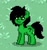 Size: 716x767 | Tagged: safe, imported from derpibooru, oc, oc only, oc:anon, oc:anonfilly, earth pony, pony, pony town, /mlp/, 4chan, alone, black mane, close-up, female, filly, food, grass, green, green coat, green eyes, grumpy, not happy, pixel art, question mark, serious, serious face, solo, standing