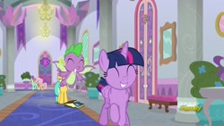 Size: 1920x1080 | Tagged: safe, imported from derpibooru, screencap, citrine spark, fire quacker, peppermint goldylinks, spike, strawberry scoop, twilight sparkle, alicorn, dragon, pony, sparkle's seven, book, cute, friendship student, smiling, spikabetes, twiabetes, twilight sparkle (alicorn), winged spike, wings