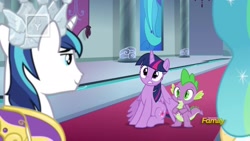 Size: 1920x1080 | Tagged: safe, imported from derpibooru, screencap, shining armor, spike, twilight sparkle, alicorn, dragon, pony, unicorn, sparkle's seven, crown, hard-won helm of the sibling supreme, paper crown, twilight sparkle (alicorn), winged spike, wings