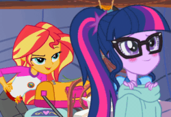 Size: 640x438 | Tagged: safe, imported from derpibooru, screencap, sci-twi, sunset shimmer, twilight sparkle, equestria girls, legend of everfree, animated, blushing, camp everfree outfits, female, gif