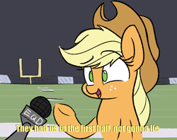 Size: 1200x950 | Tagged: safe, artist:heir-of-rick, imported from derpibooru, applejack, earth pony, pony, american football, dialogue, female, football field, mare, ponified, ponified meme, solo, sports