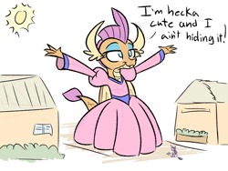 Size: 1200x900 | Tagged: safe, artist:heir-of-rick, imported from derpibooru, smolder, twilight sparkle, alicorn, dragon, clothes, cute, dragoness, dress, female, giantess, heck, macro, princess smolder, smolder also dresses in style, smolderbetes, twilight sparkle (alicorn)