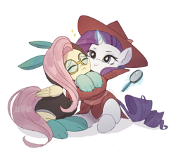 Size: 1800x1600 | Tagged: safe, artist:tcn1205, imported from derpibooru, fluttershy, rarity, pegasus, pony, unicorn, season 9, sparkle's seven, spoiler:s09, adorkable, bunny ears, cheek squish, clothes, costume, cute, daaaaaaaaaaaw, dangerous mission outfit, detective rarity, dork, female, flarity, folded wings, glowing horn, goggles, hoodie, lesbian, magic, magnifying glass, raribetes, shipping, shyabetes, simple background, sitting, snuggling, squishy cheeks, weapons-grade cute, white background, wings