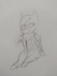 Size: 900x1200 | Tagged: safe, artist:syntonic, imported from derpibooru, oc, oc only, oc:winter leaves, pony, blushing, clothes, crossdressing, dress, ear fluff, solo, traditional art