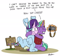 Size: 2189x2040 | Tagged: safe, artist:bobthedalek, imported from derpibooru, firelight, starlight glimmer, pony, unicorn, animal costume, bunny costume, camera, clothes, costume, easter, easter egg, father and daughter, fathers gonna father, female, holiday, implied trixie, inconvenient trixie, levitation, magic, male, telekinesis, this will end in tears, this will not end well