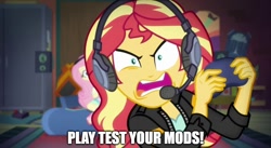 Size: 888x485 | Tagged: safe, imported from derpibooru, screencap, fluttershy, sunset shimmer, equestria girls, equestria girls series, game stream, spoiler:eqg series (season 2), alchestbreach, fallout, fallout: new vegas, female, game mod, gamer sunset, gamershy, meme, rageset shimmer, sunset gamer, sunset shimmer frustrated at game, sunset's apartment, video game