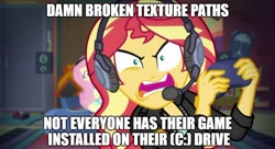 Size: 888x483 | Tagged: safe, imported from derpibooru, screencap, fluttershy, sunset shimmer, equestria girls, equestria girls series, game stream, spoiler:eqg series (season 2), alchestbreach, fallout, fallout: new vegas, female, game mod, gamer sunset, gamershy, meme, rageset shimmer, sunset gamer, sunset shimmer frustrated at game, sunset's apartment, video game