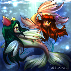 Size: 2048x2048 | Tagged: safe, artist:cali luminos, imported from derpibooru, oc, oc:lenna, fish, pony, seapony (g4), beautiful, couple, crepuscular rays, cute, fin wings, fish tail, flowing mane, looking at each other, seaponified, signature, sparkles, species swap, sunlight, underwater, water, wings