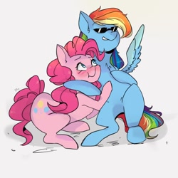 Size: 760x760 | Tagged: safe, artist:phattaraphorn_1, artist:tar, imported from derpibooru, pinkie pie, rainbow dash, earth pony, pegasus, pony, blushing, female, glasses, hug, lesbian, pinkiedash, shadow, shipping, shy, sunglasses