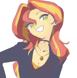 Size: 1280x1286 | Tagged: safe, artist:xp_r6, imported from derpibooru, sunset shimmer, equestria girls, adorasexy, breasts, cleavage, cute, female, geode of empathy, grin, looking at you, magical geodes, sexy, shimmerbetes, simple background, smiling, solo, white background