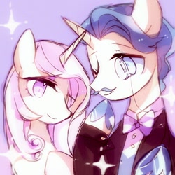Size: 900x900 | Tagged: safe, artist:jojofassbender, imported from derpibooru, fancypants, fleur-de-lis, pony, unicorn, bowtie, colored hooves, duo, fancyfleur, female, male, mare, monocle, shipping, stallion, straight, unshorn fetlocks
