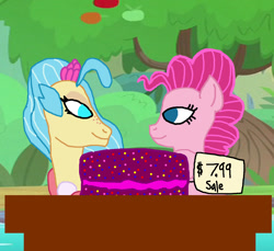 Size: 1300x1192 | Tagged: safe, artist:bigpurplemuppet99, imported from derpibooru, pinkie pie, princess skystar, seapony (g4), cake, female, food, lesbian, seaponified, seapony pinkie pie, shipping, skypie, species swap