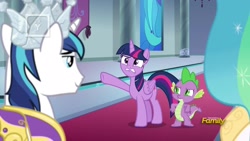 Size: 1920x1080 | Tagged: safe, imported from derpibooru, screencap, shining armor, spike, twilight sparkle, alicorn, pony, sparkle's seven, annoyed, crown, female, hard-won helm of the sibling supreme, male, paper crown, pointing, twilight sparkle (alicorn)